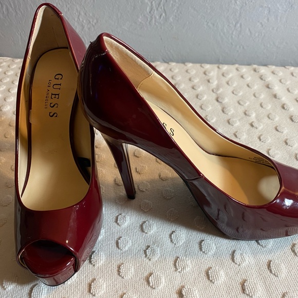 GUESS Burgundy Cacei Patent Leather Peep Toe Pump - Picture 13 of 16